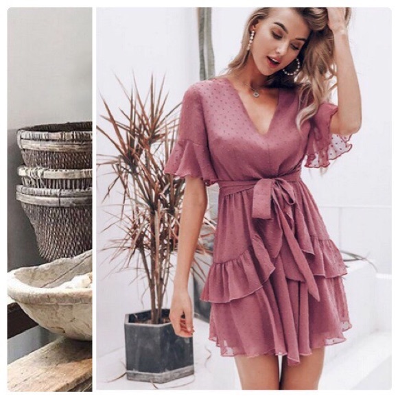 *CLEARANCE* Dusty Rose Boho Swiss Dot Mini Dress - Picture 7 of 7